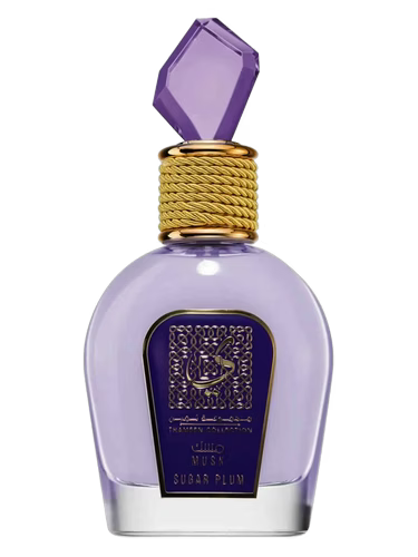 Perfume bottle with purple cap and label on a white background