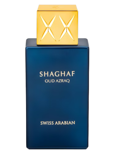 Blue perfume bottle with gold cap labeled 'Shaghaf Oud Azraq' by Swiss Arabian on a white background