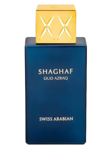 Blue perfume bottle with gold cap labeled 'Shaghaf Oud Azraq' by Swiss Arabian on a white background