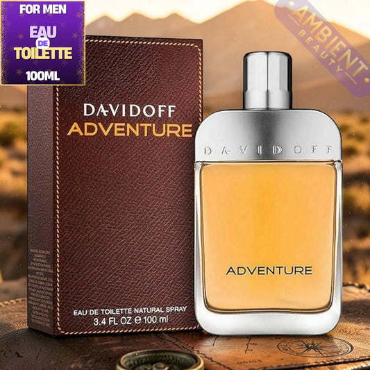 Davidoff Adventure perfume bottle and packaging on a desert-themed background