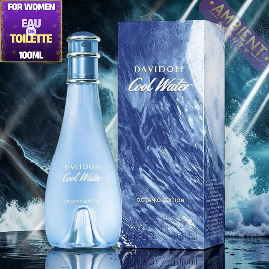 Davidoff Cool Water Oceanic Edition bottle and packaging on a blue and white wave background