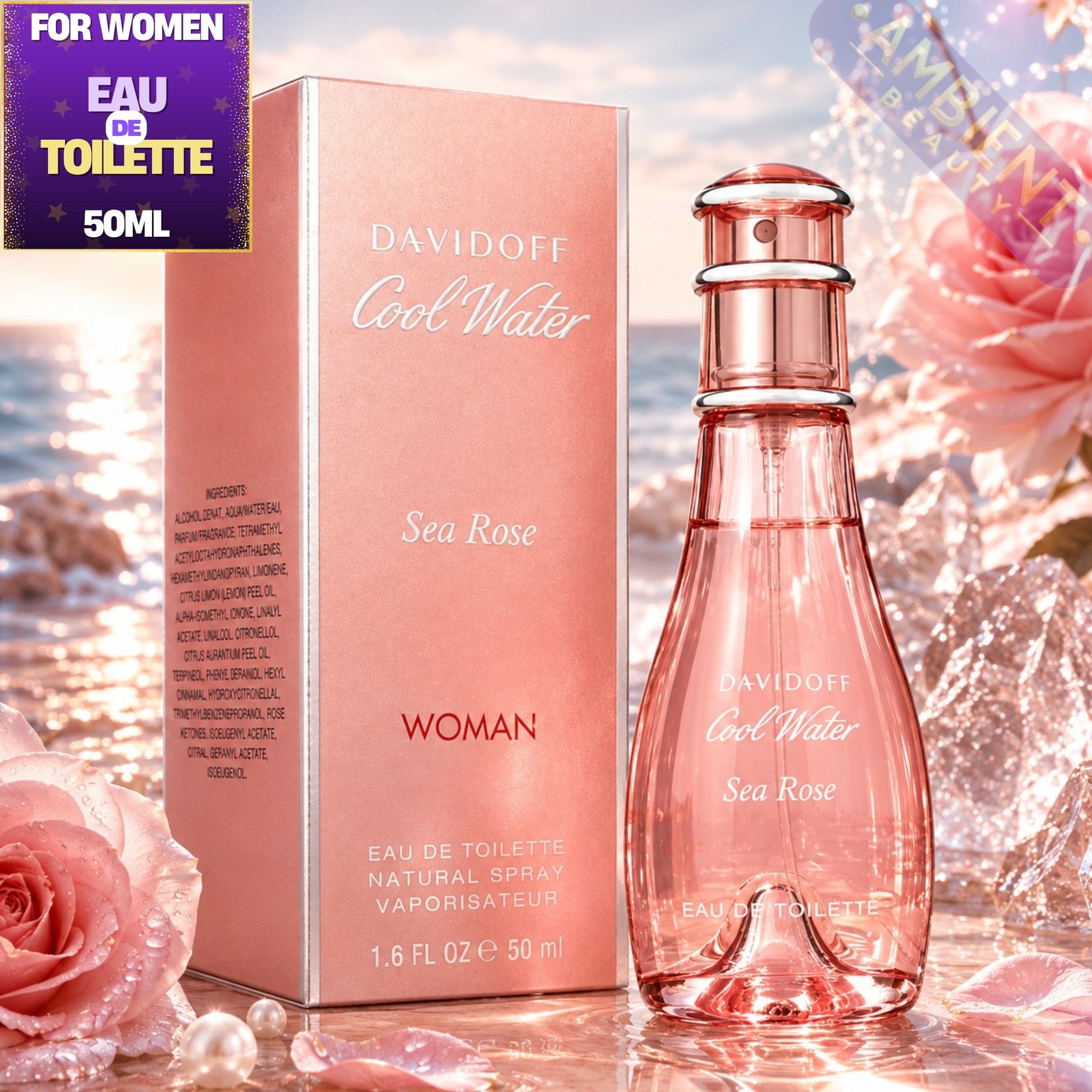 Davidoff Cool Water Sea Rose perfume bottle and packaging with a scenic background