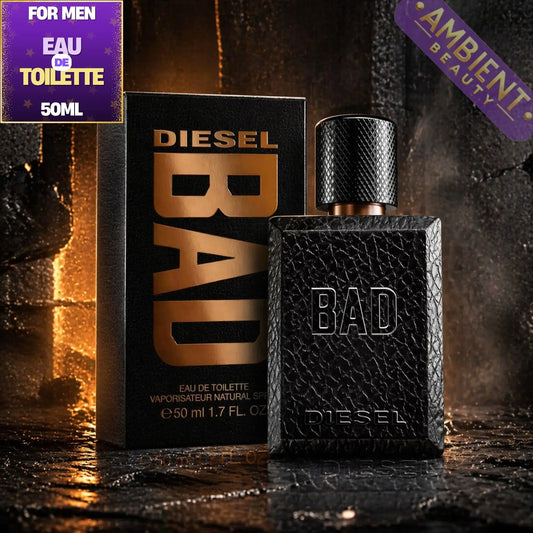 Diesel Bad perfume bottle and packaging on a dark background