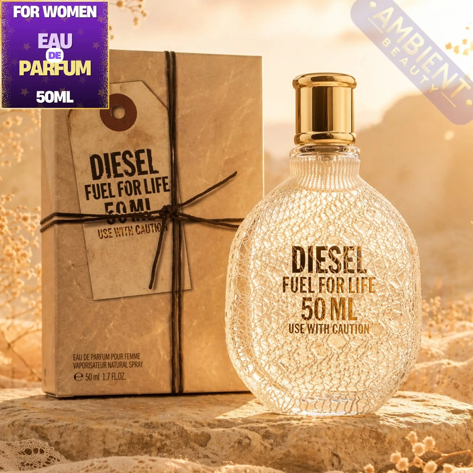 Diesel Fuel for Life 50ml eau de parfum bottle and packaging on a warm-toned background