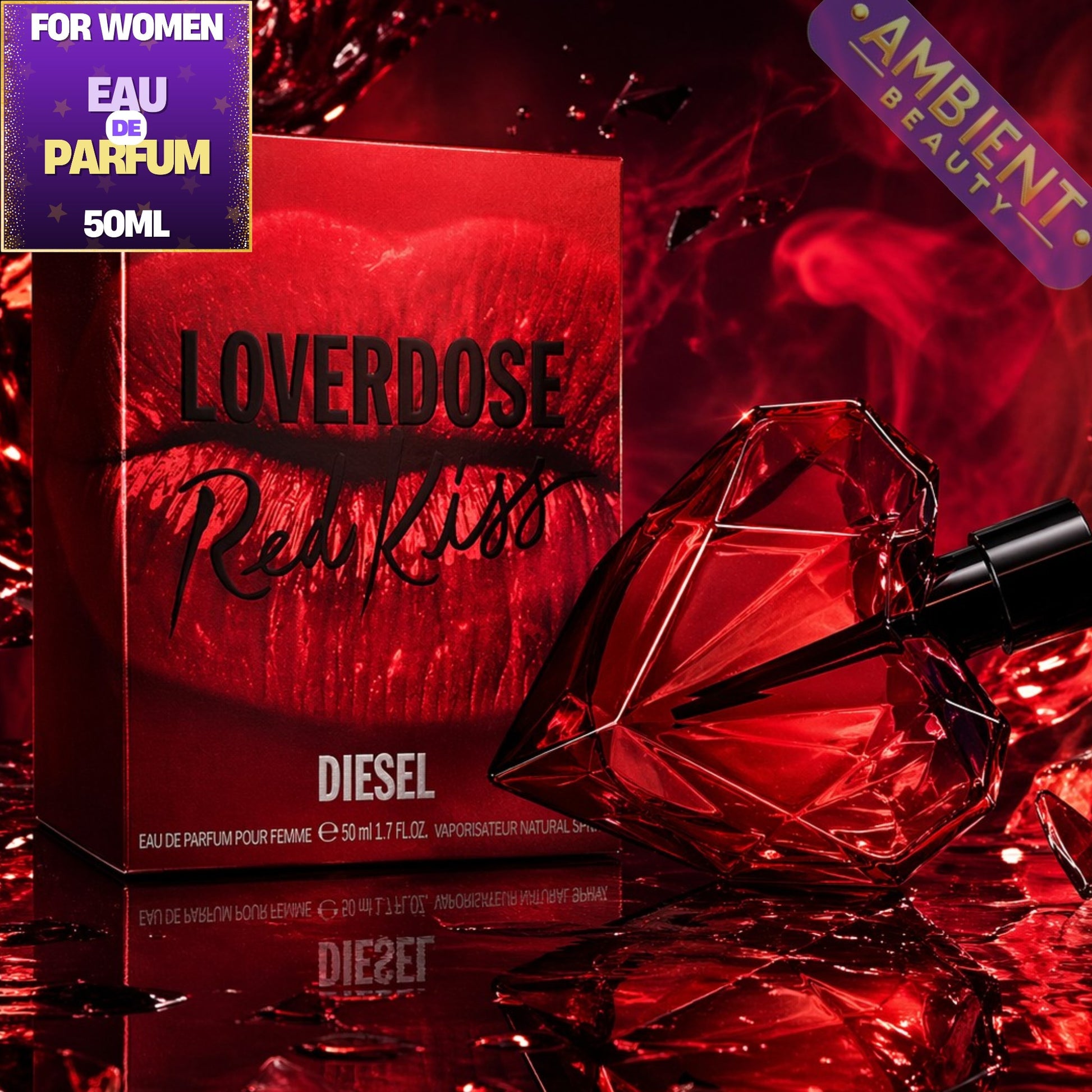 Red Diesel Loverdose Red Kiss perfume bottle and packaging on a red background