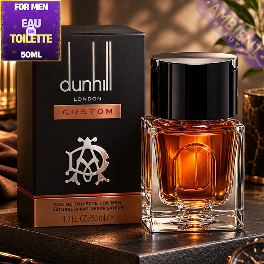 Dunhill Custom men's perfume bottle and packaging on a reflective surface with blurred background