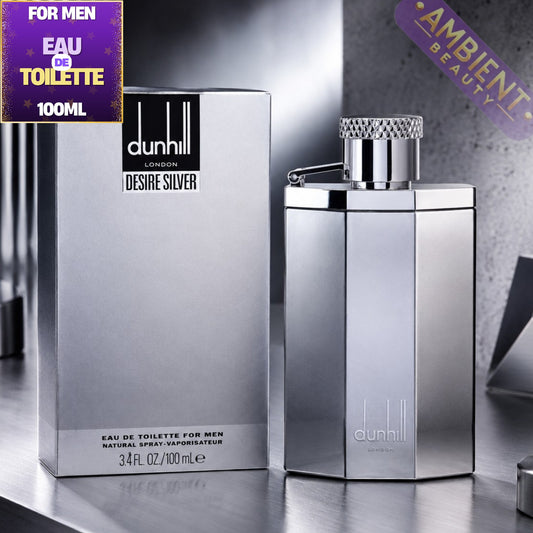 Dunhill Desire Silver perfume bottle and packaging on a reflective surface