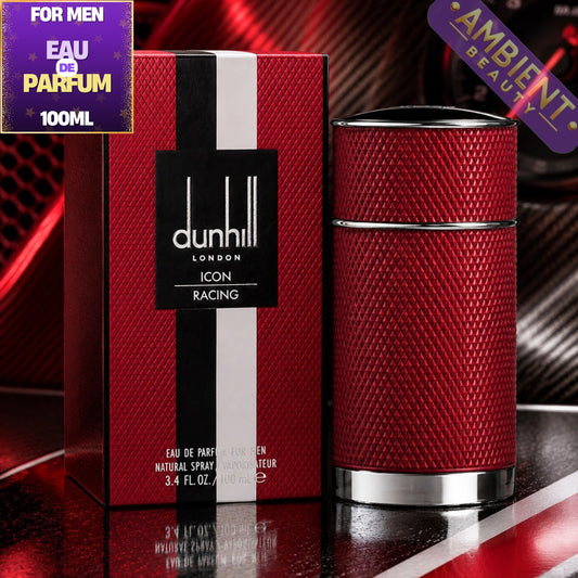 Dunhill Icon Racing perfume bottle and packaging on a reflective surface with 'Ambient Beauty' branding.