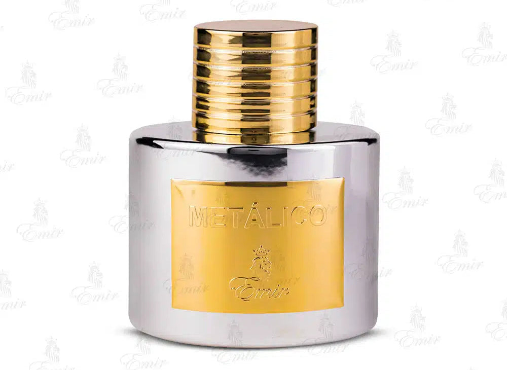 Emir Metalico Perfume bottle with gold cap and label on a white background