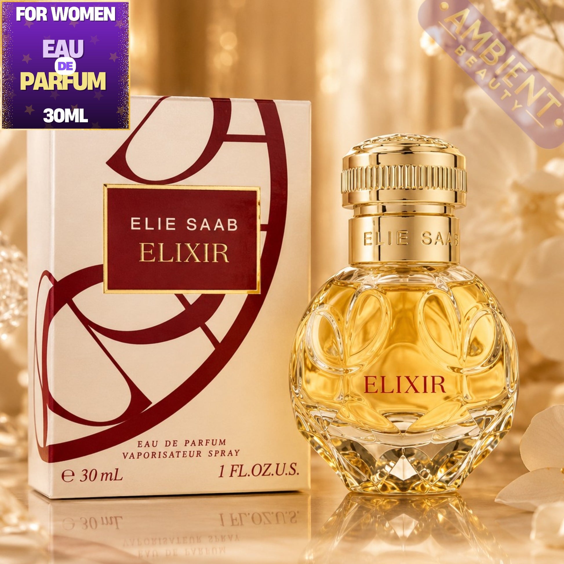 Elie Saab Elixir perfume bottle and packaging on a gold background