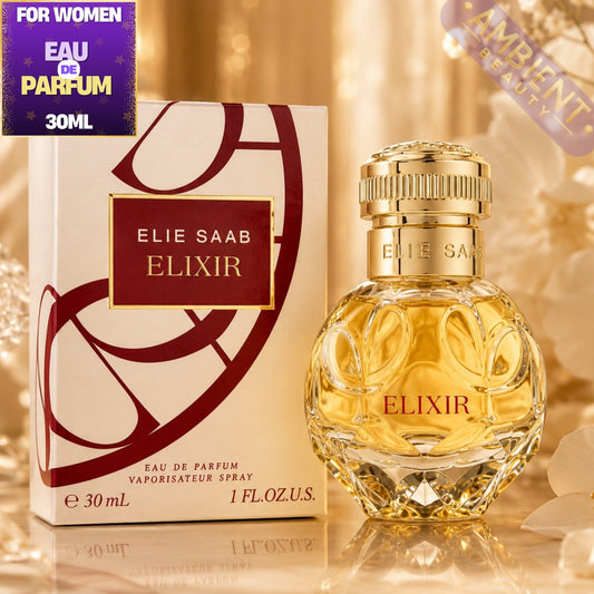 Elie Saab Elixir perfume bottle and packaging on a gold background