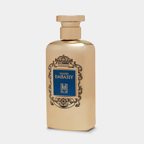 Gold perfume bottle with 'Golden Embassy' label on a white background