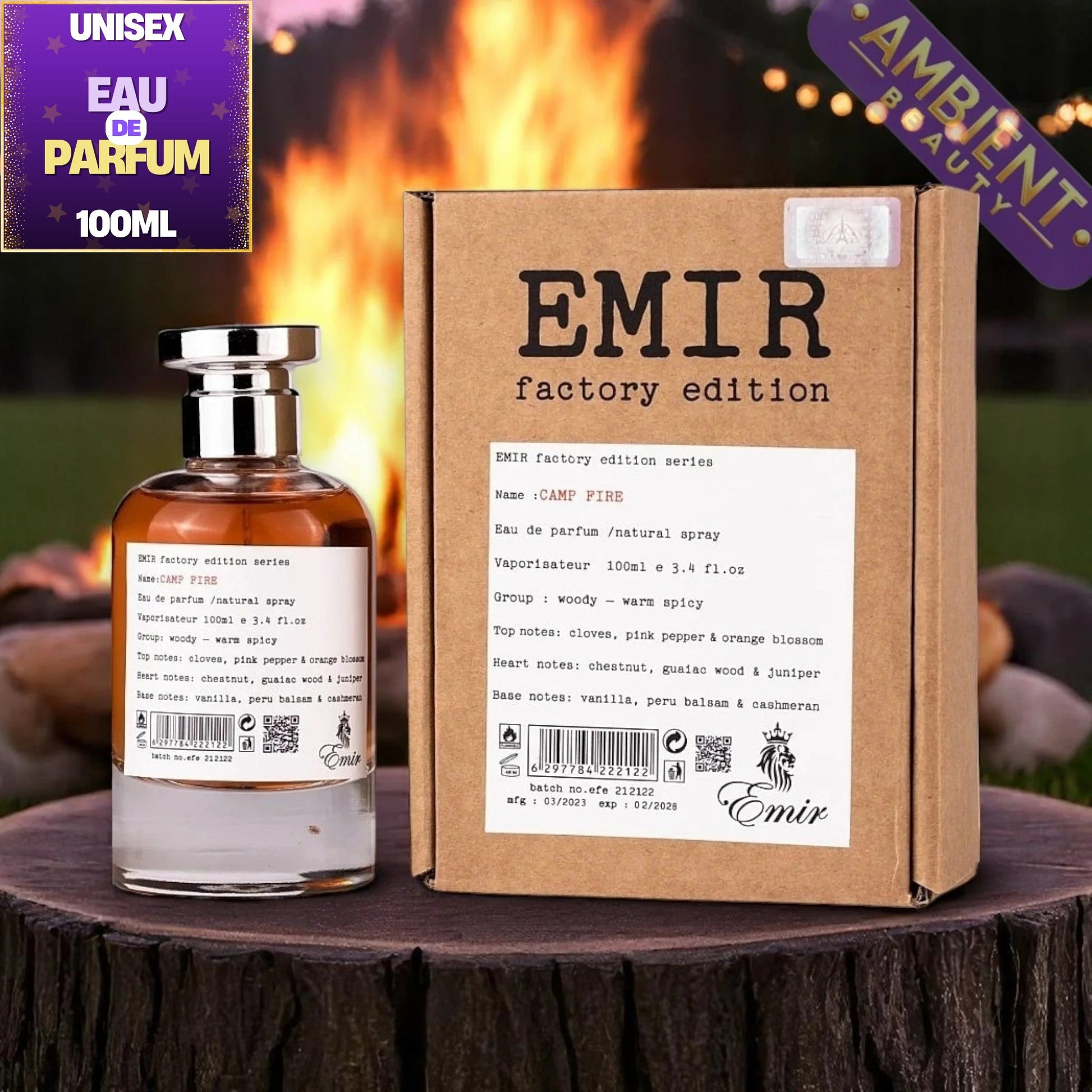 A bottle of Emir Factory Edition Series Sant Piase Eau de Parfum next to its cardboard packaging box, displayed on a rustic wooden surface with a blurred warm background.