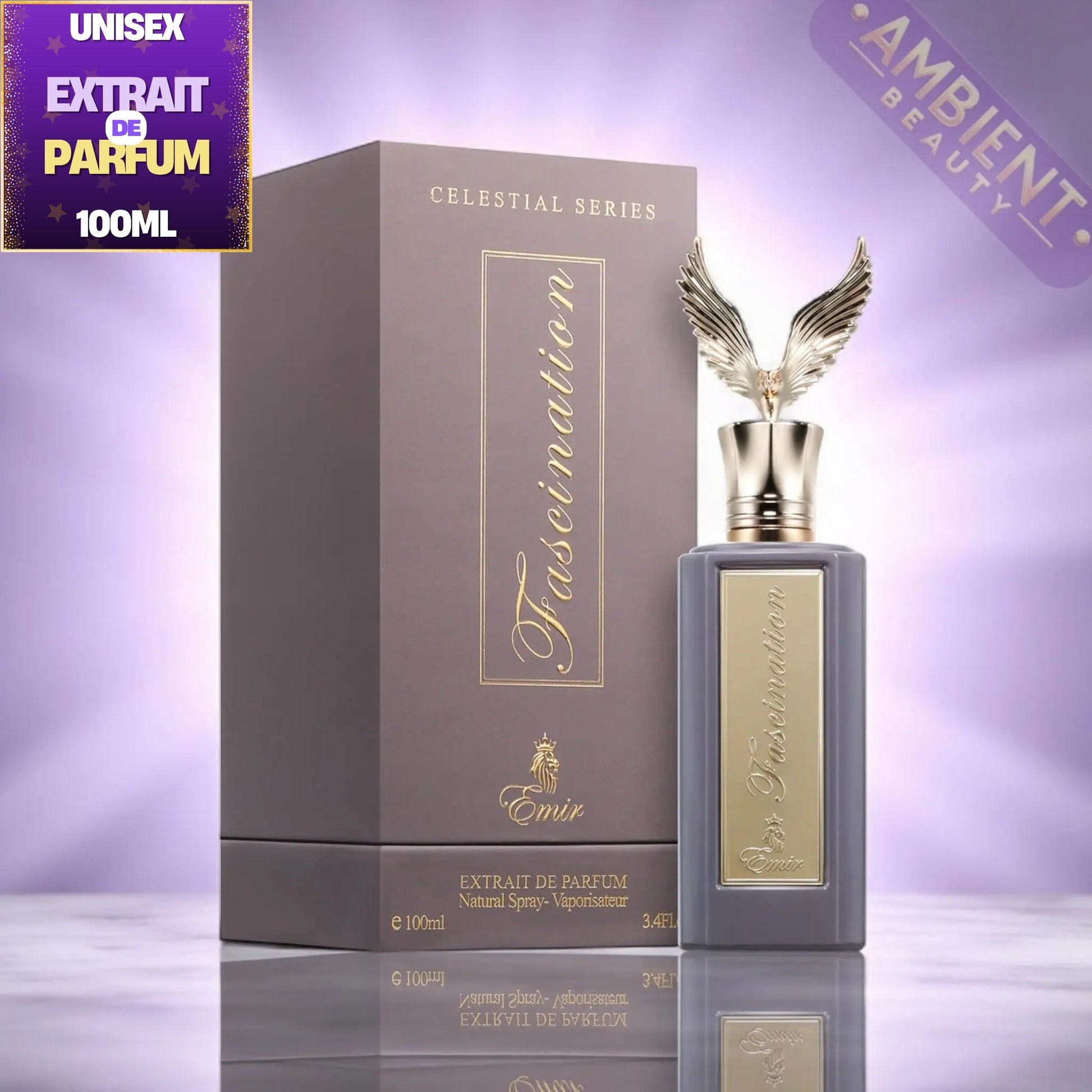 Emir Extrait de Parfum 'Celestial Series' in a dark gray rectangular bottle with a gold label and wing cap, shown next to its matching dark gray box on a reflective surface against a purple gradient background.