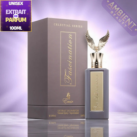Emir Extrait de Parfum 'Celestial Series' in a dark gray rectangular bottle with a gold label and wing cap, shown next to its matching dark gray box on a reflective surface against a purple gradient background.
