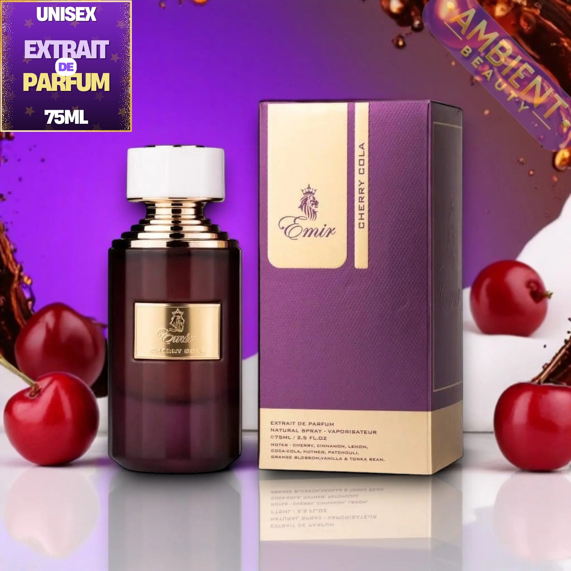 Emir Cherry Cola Unisex Extrait de Parfum 75ml bottle next to its purple and gold packaging box, styled with fresh cherries on a reflective surface against a purple background.