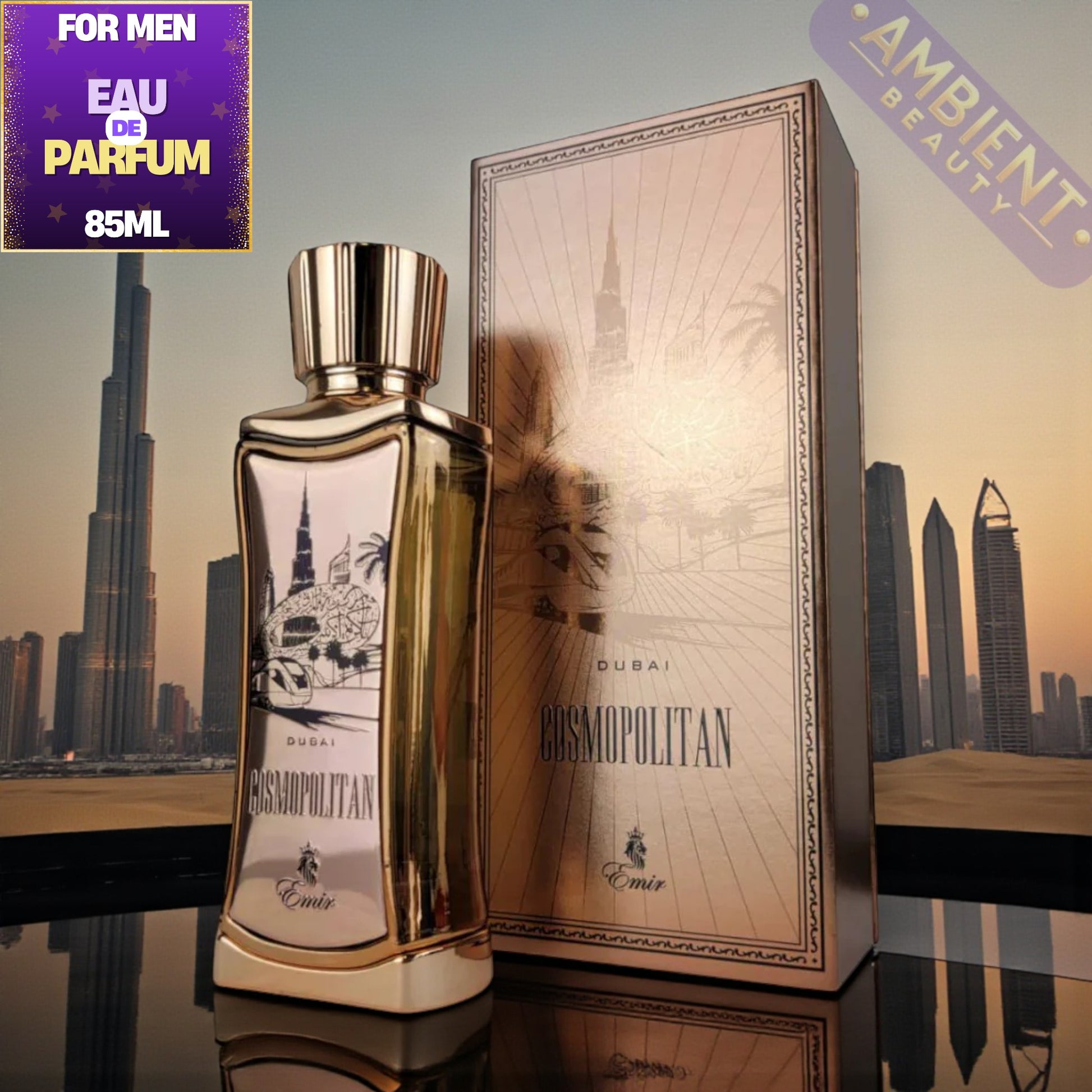 Emir Cosmopolitan Dubai perfume bottle and packaging with Dubai skyline in the background