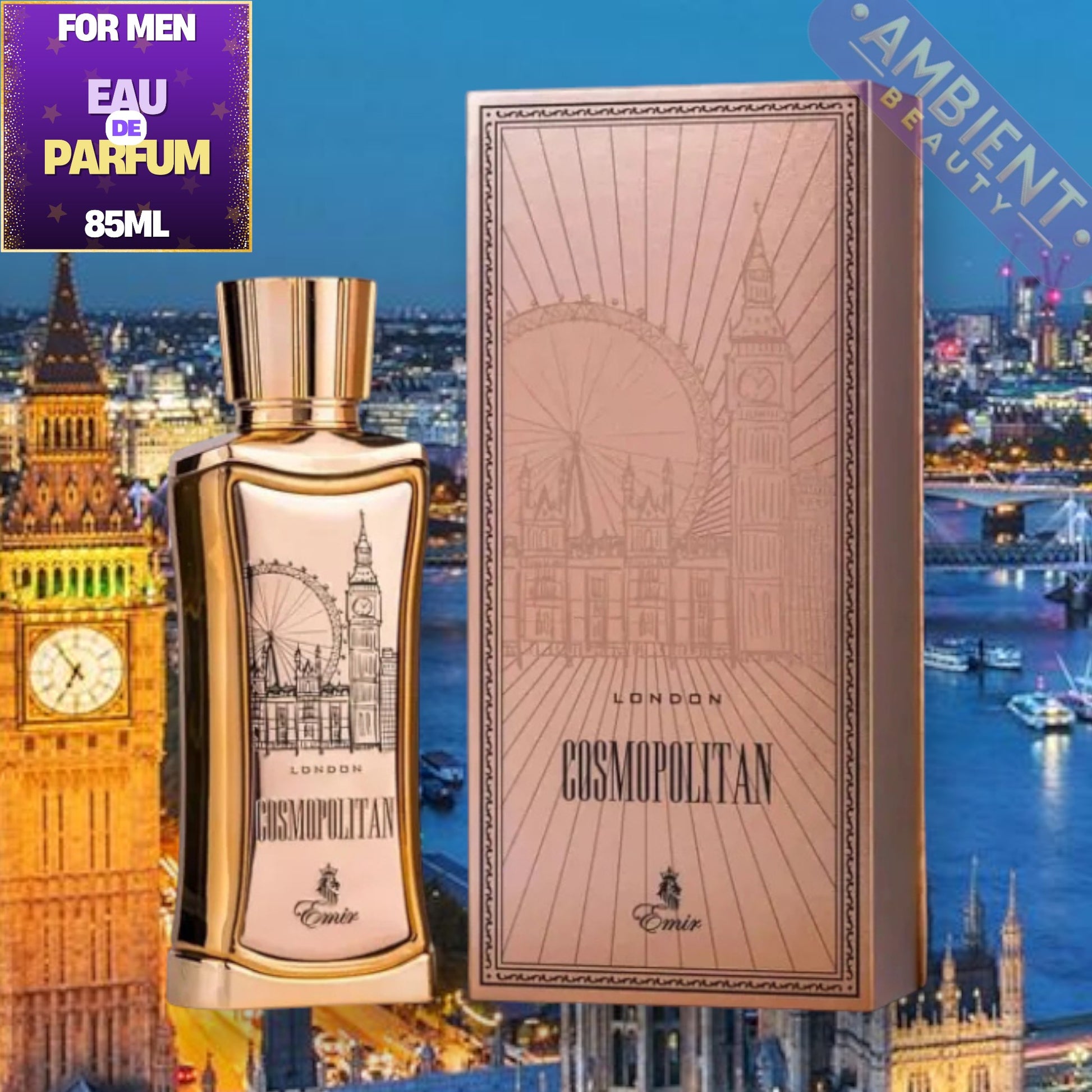 Emir Cosmopolitan London perfume bottle and packaging with London skyline in the background