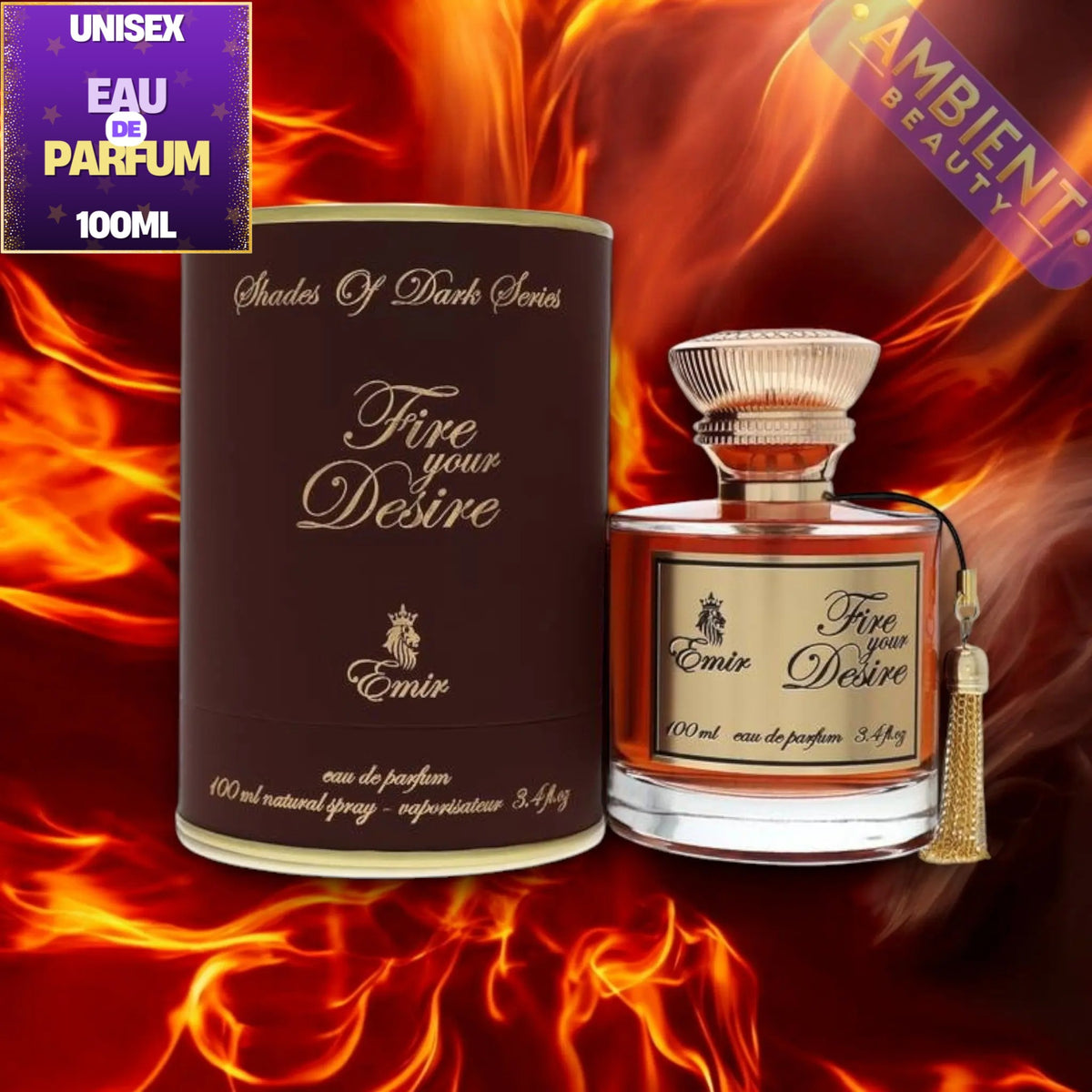 Emir 'Fire Your Desire' unisex eau de parfum 100ml, shown with its dark brown cylindrical packaging box and a clear glass bottle containing amber liquid, set against a dramatic red and orange flame background.