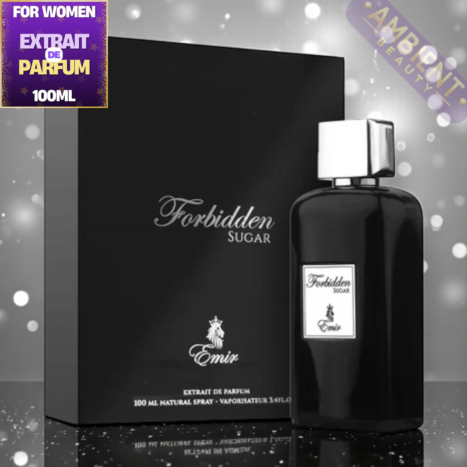Black perfume bottle and packaging with 'Forbidden Sugar' branding on a decorative background.