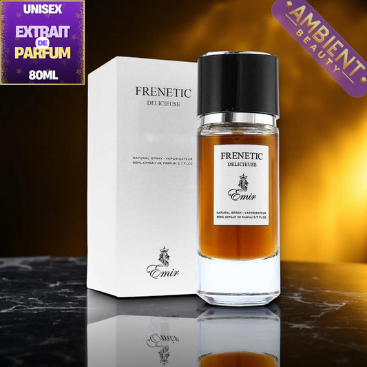 Emir Frenetic Deliceuse Eau de Parfum 80ml bottle with amber liquid and a black cap, shown next to its white box on a dark reflective surface with a warm golden background.