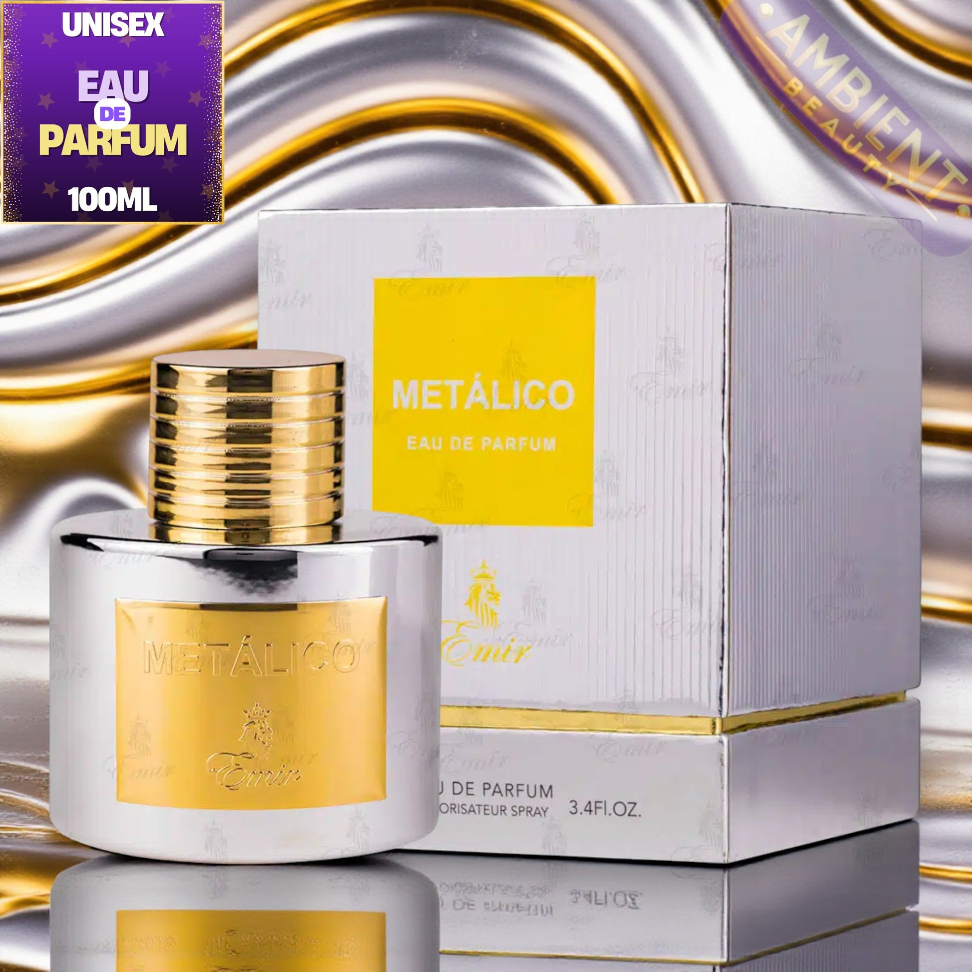 Emir Metalico perfume bottle and packaging on a reflective surface with blurred background