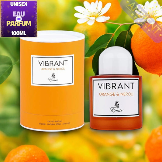 A perfume bottle and matching cylindrical box labeled VIBRANT ORANGE & NEROLI, shown against a blurred background of oranges, leaves, and white flowers. A purple corner badge reads UNISEX EAU DE PARFUM 100ML.