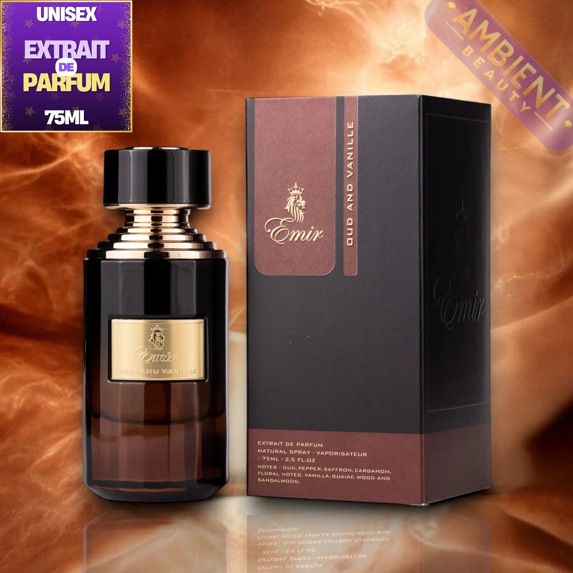 Emir Extrait de Parfum 75ml bottle with a black cap and gold label, shown next to its dark brown and black packaging box. The background is a warm, smoky orange-brown gradient with promotional text overlays.