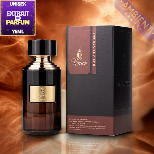 Emir Extrait de Parfum 75ml bottle with a black cap and gold label, shown next to its dark brown and black packaging box. The background is a warm, smoky orange-brown gradient with promotional text overlays.
