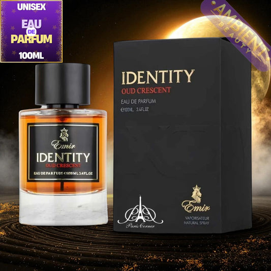 Identity Oud Crescent perfume bottle and packaging with moon and star background