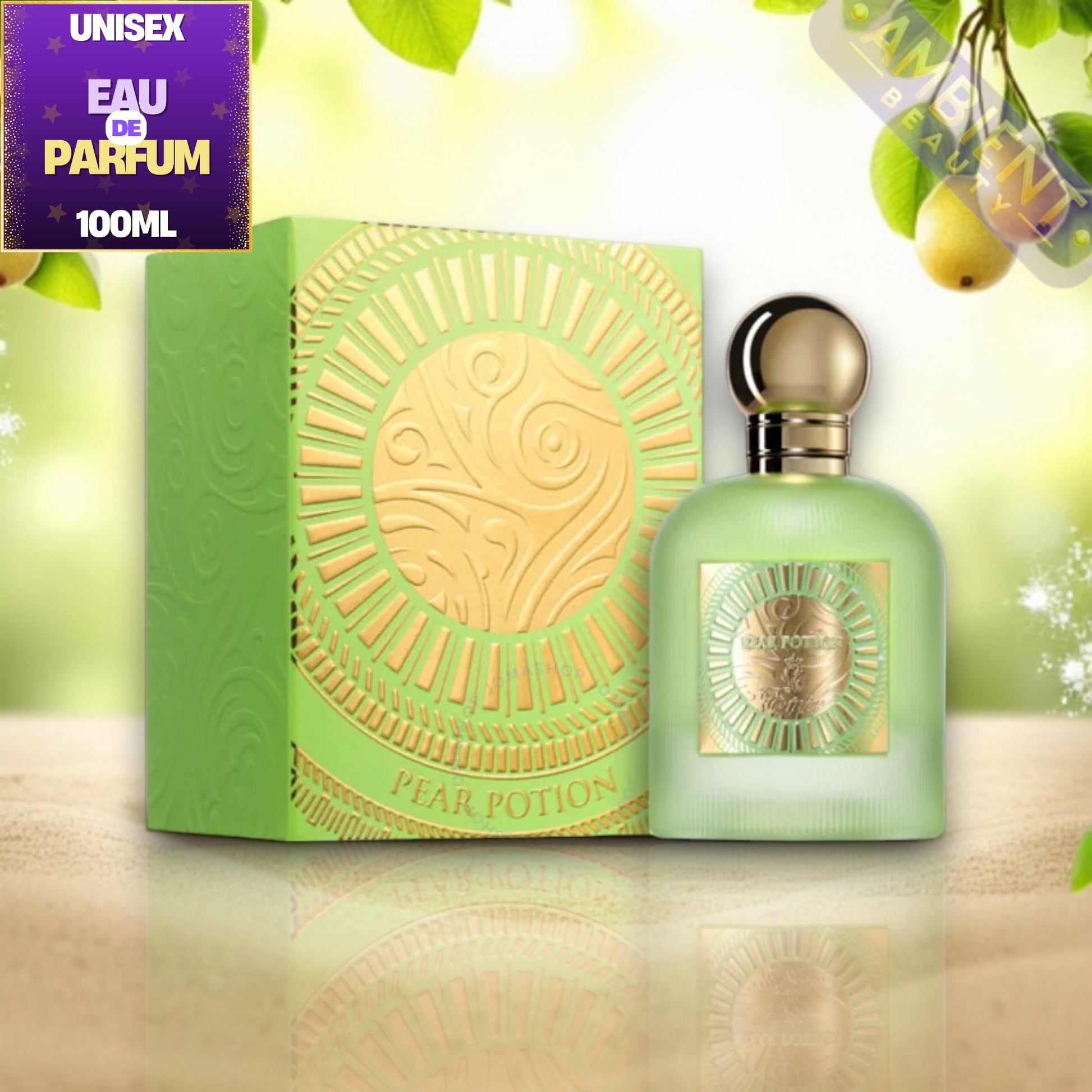 Pear Potion Green perfume bottle and packaging with decorative elements on a light background