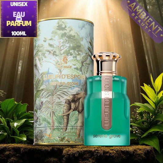 Serene Grove Perfume bottle and packaging with 'Lueur d'Espoir' branding against a natural background