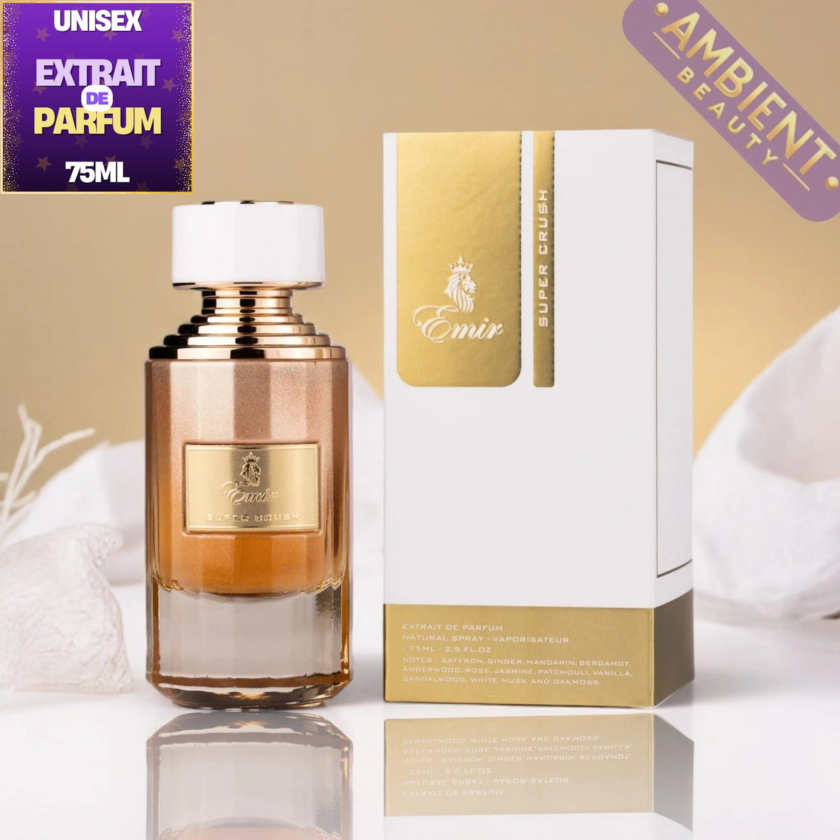 Emir Super Crush Extrait de Parfum 75ml perfume bottle with a white cap next to its white and gold packaging box, set against a warm beige background with decorative white petals.