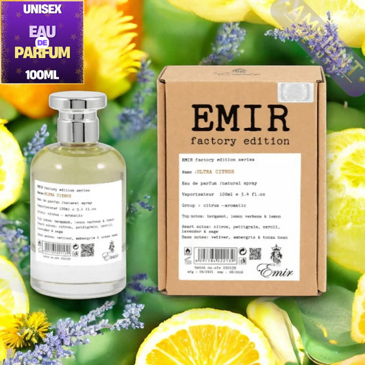 A 100ml perfume bottle and its cardboard packaging box for 'EMIR factory edition' Ultra Citrus, set against a vibrant background of citrus slices, lemons, and lavender flowers. A purple 'UNISEX EAU & PARFUM 100ML' badge is in the top-left corner.