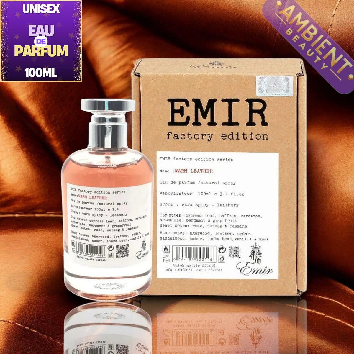 A 100ml bottle of Emir Factory Edition 'Warm Leather' natural spray perfume next to its brown cardboard packaging box, set against a reflective brown leather background with a 'Unisex Eau De Parfum 100ML' badge in the top left corner.
