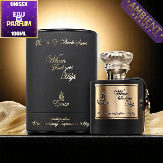 Emir 'When Soul gets High' unisex Eau de Parfum, featuring a black cylindrical box and a matching black rectangular bottle with a gold label and silver cap, set against a dark background with gold lighting.