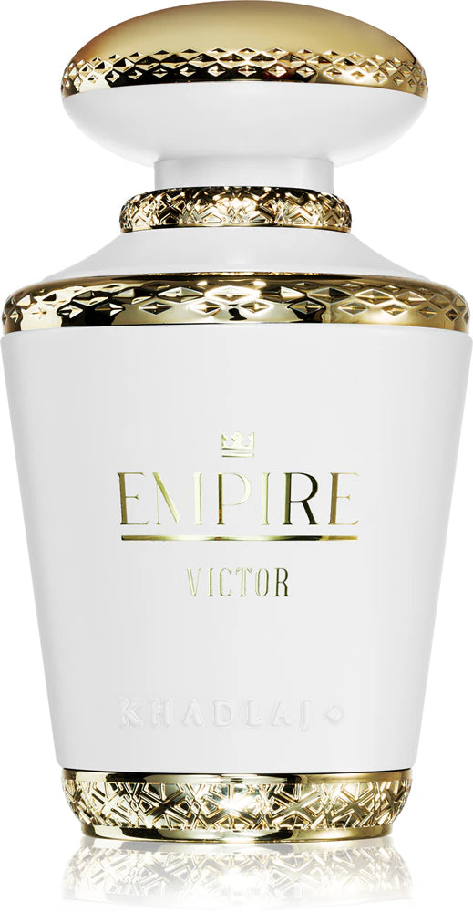White and gold Empire Victor perfume bottle on a white background