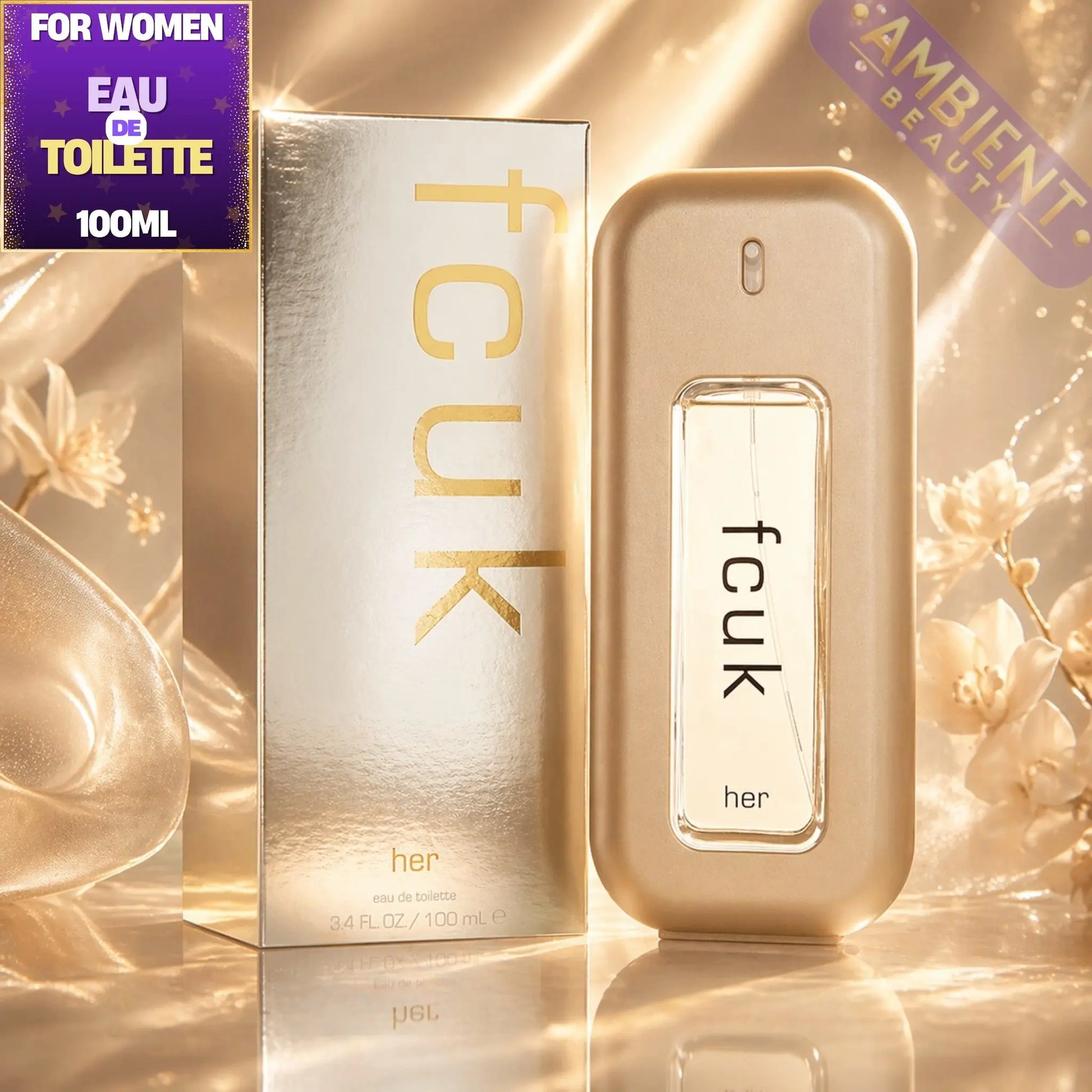 FCUK perfume bottle and packaging on a reflective gold surface with floral elements.