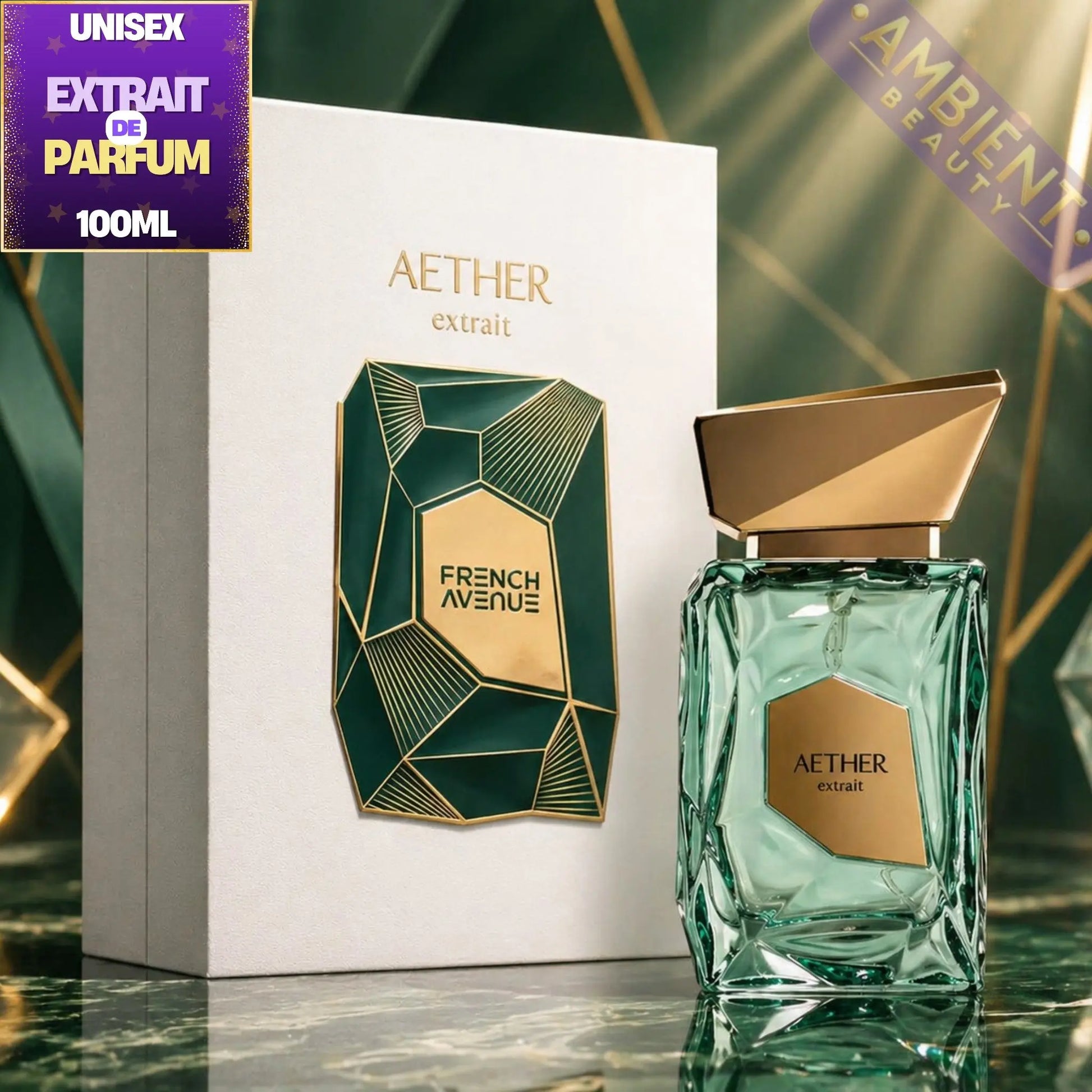Aether extract perfume bottle and packaging on a reflective surface with a green and gold design.