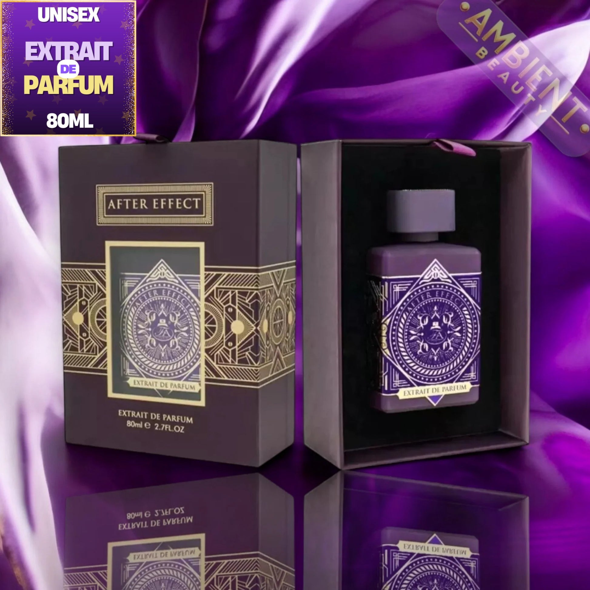 A 80ml bottle of 'After Effect' Extrait de Parfum displayed next to its dark purple and gold packaging box against a purple satin background.