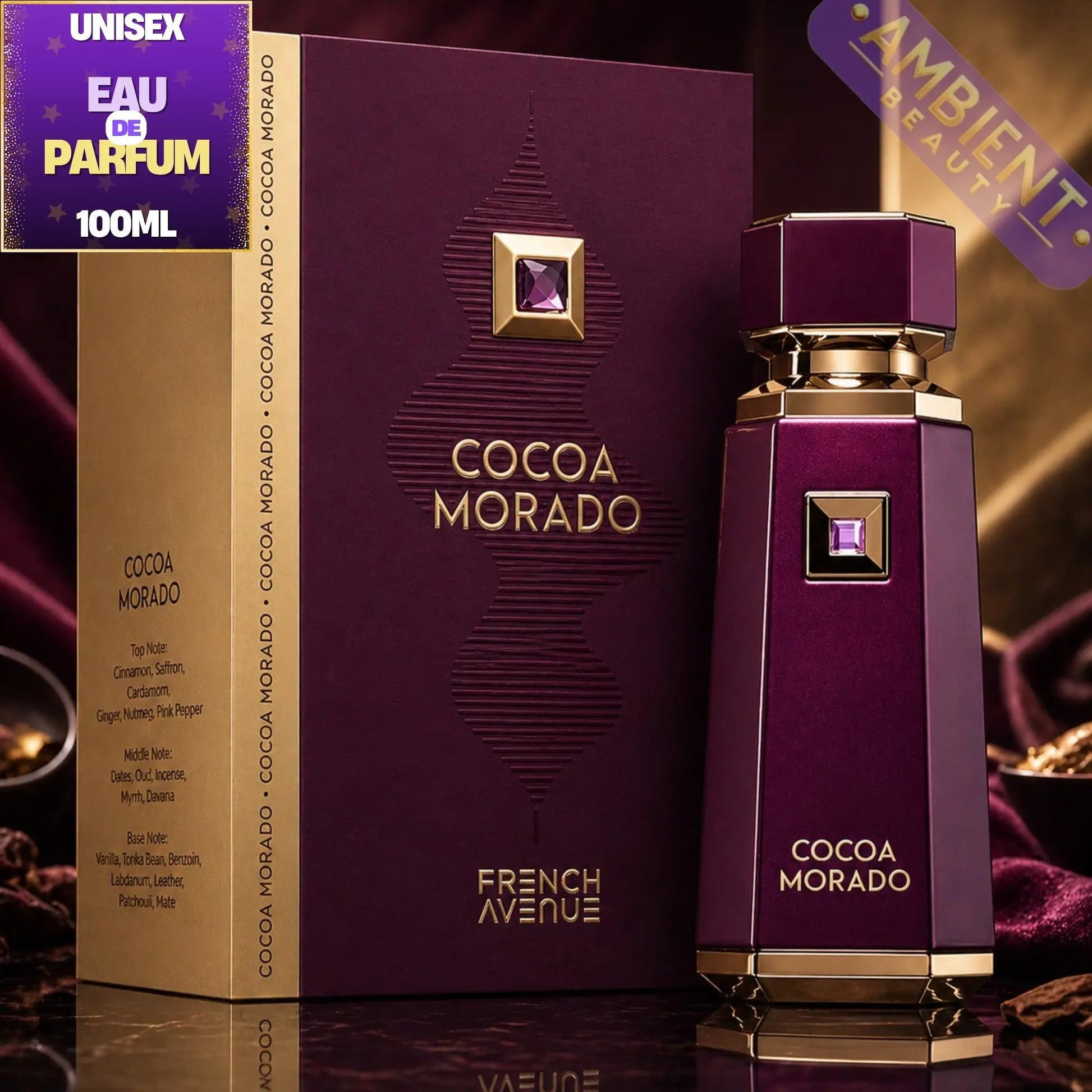 Cocoa Morado perfume bottle and packaging on a dark background