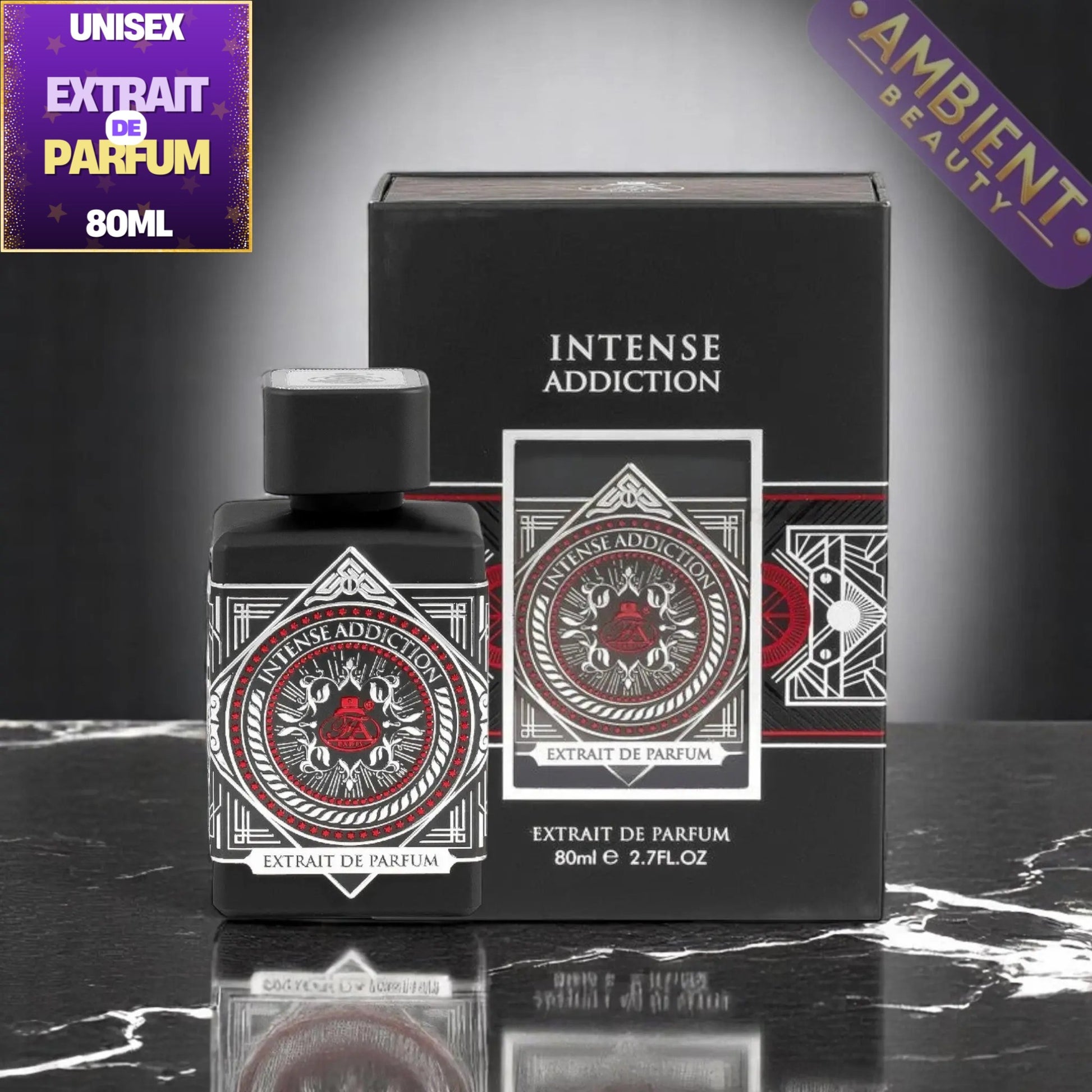 A bottle of Intense Addiction Extrait de Parfum next to its black packaging box, displayed on a reflective black marble surface with a dark gray gradient background.