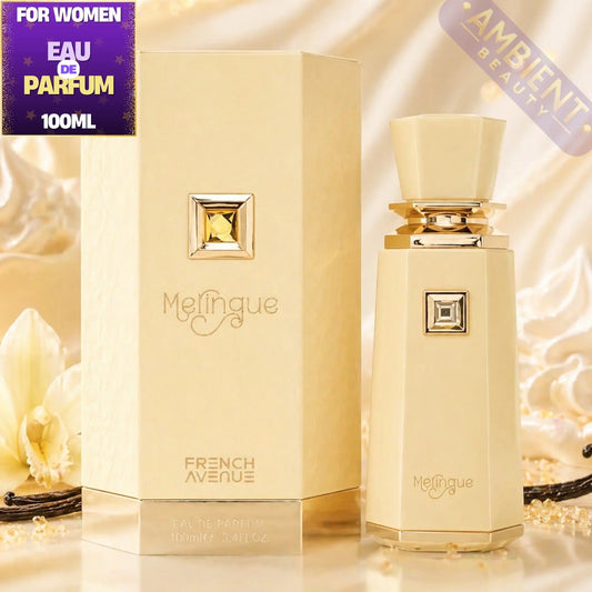 Melingue perfume bottle and packaging with 'Ambient Beauty' branding on a soft, blurred background.