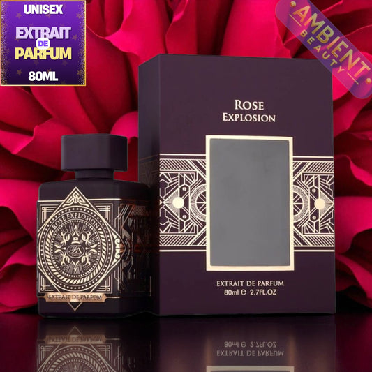 Rose Explosion perfume bottle and packaging with red roses in the background
