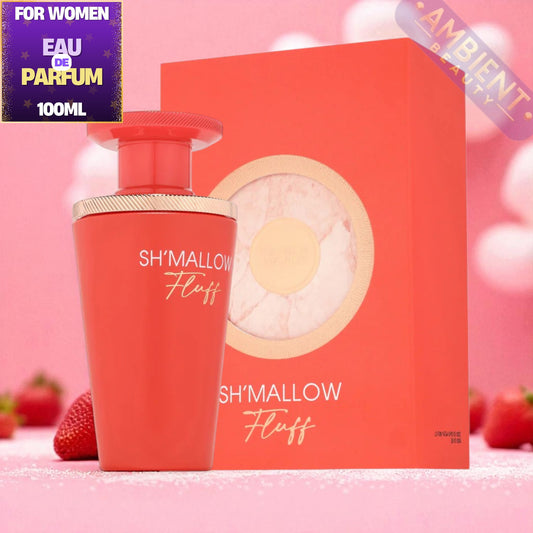 French Avenue Sh'mallow Fluff perfume bottle and packaging on a pink background with strawberries.