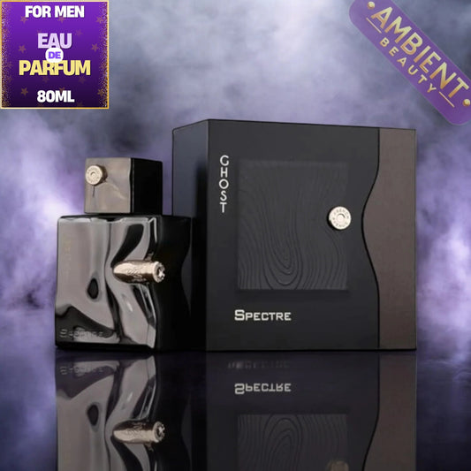 Spectre by Ghost men's fragrance perfume bottle and its packaging box, displayed on a reflective dark surface against a smoky purple background. Includes promotional text overlays for 'FOR MEN', 'EAU DE PARFUM', '80ML', and a 'AMBIENT BEAUTY' badge.