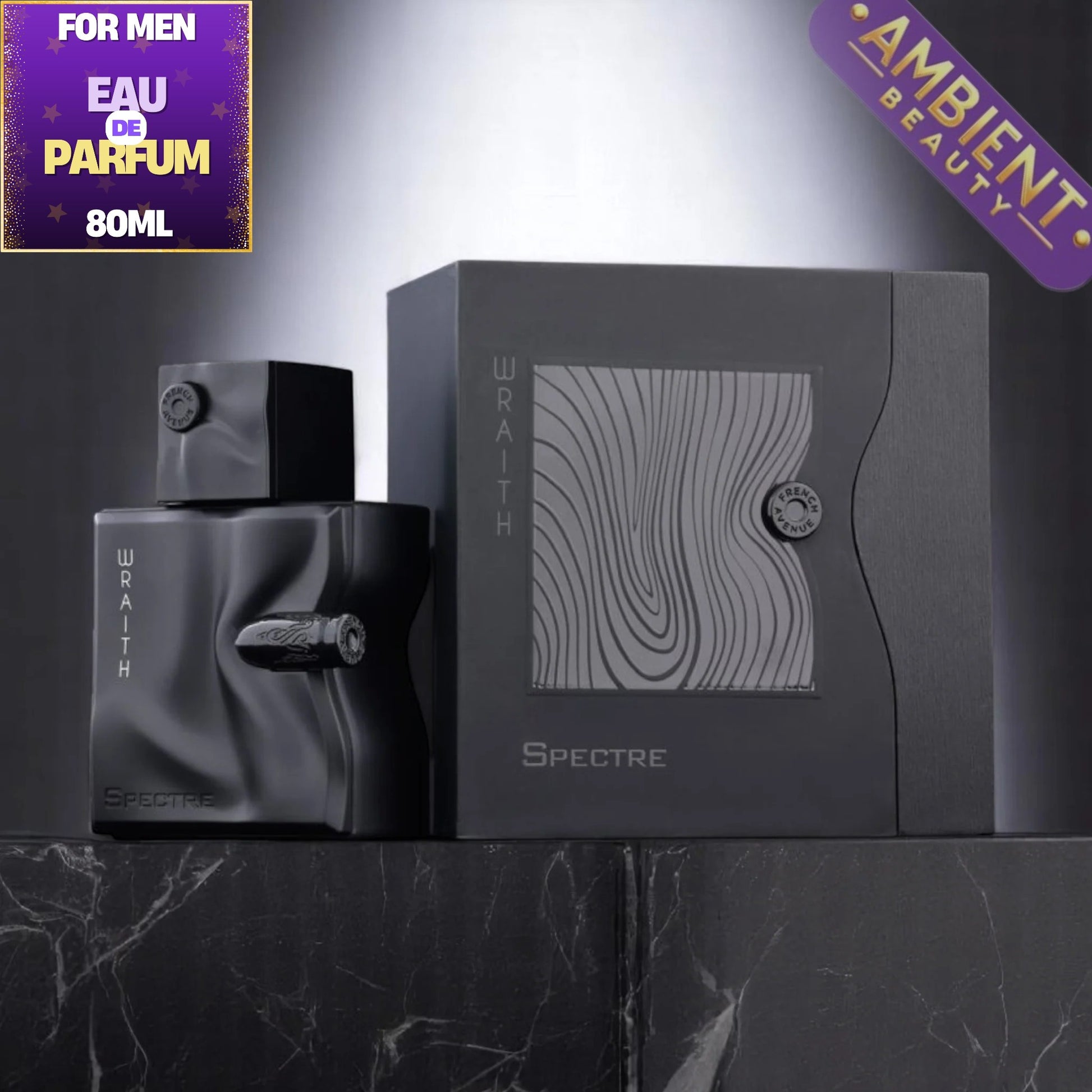Spectre Wraith fragrance bottle and packaging box in black, shown on a dark marble surface with promotional text overlays in the corners.
