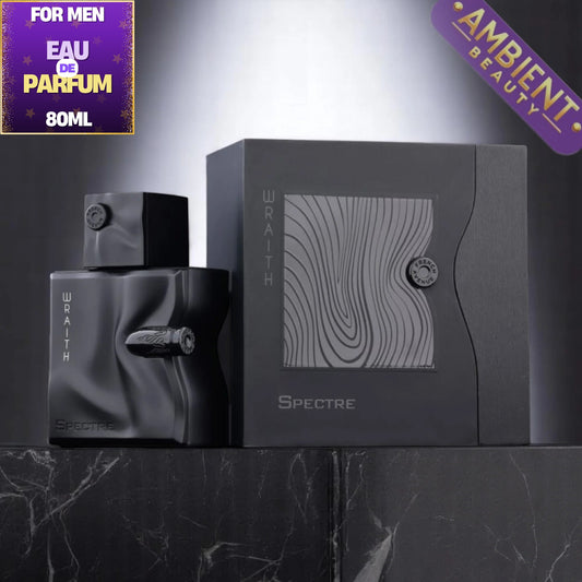 Spectre Wraith fragrance bottle and packaging box in black, shown on a dark marble surface with promotional text overlays in the corners.