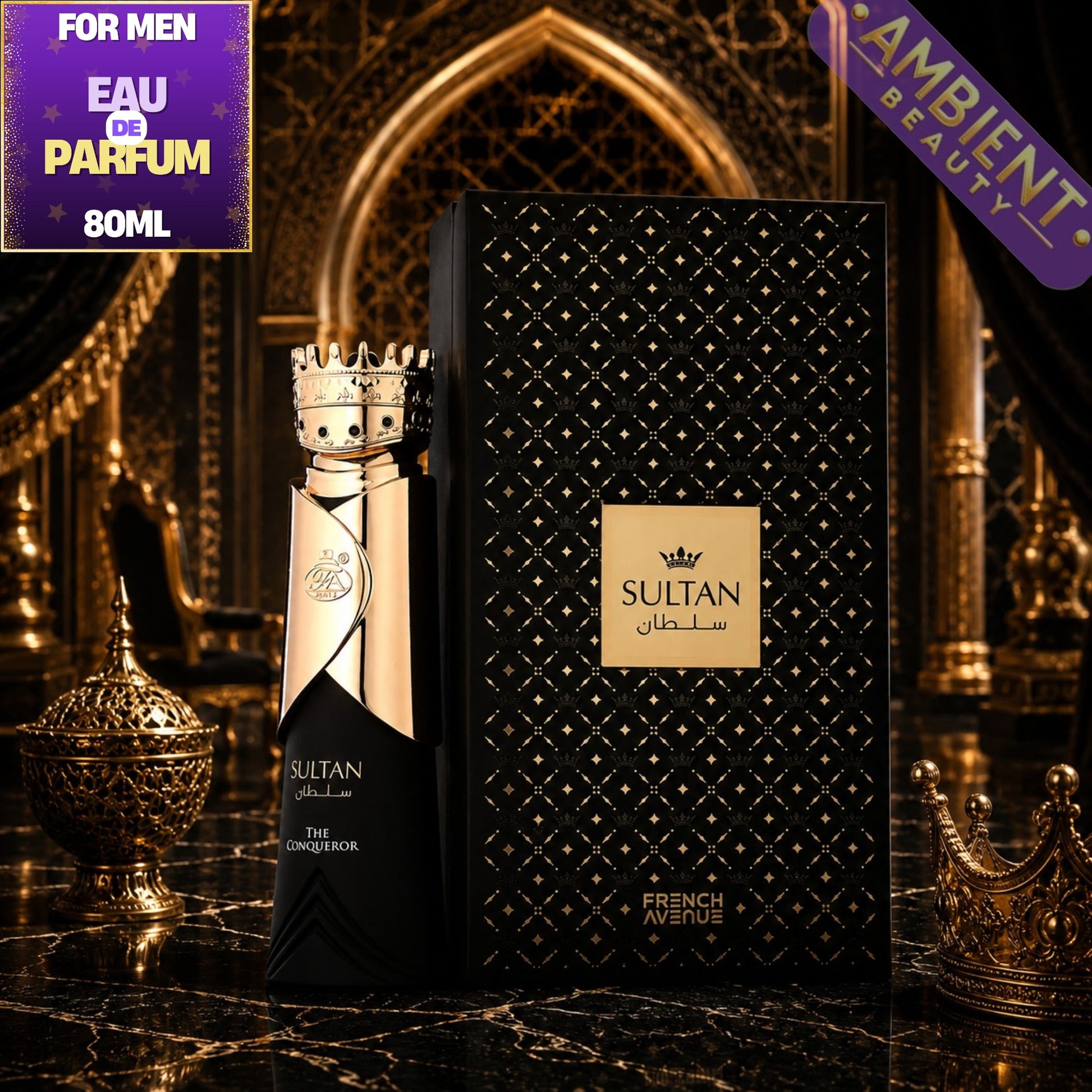 Sultan perfume bottle and packaging on a decorative background with 'Ambient Beauty' branding.
