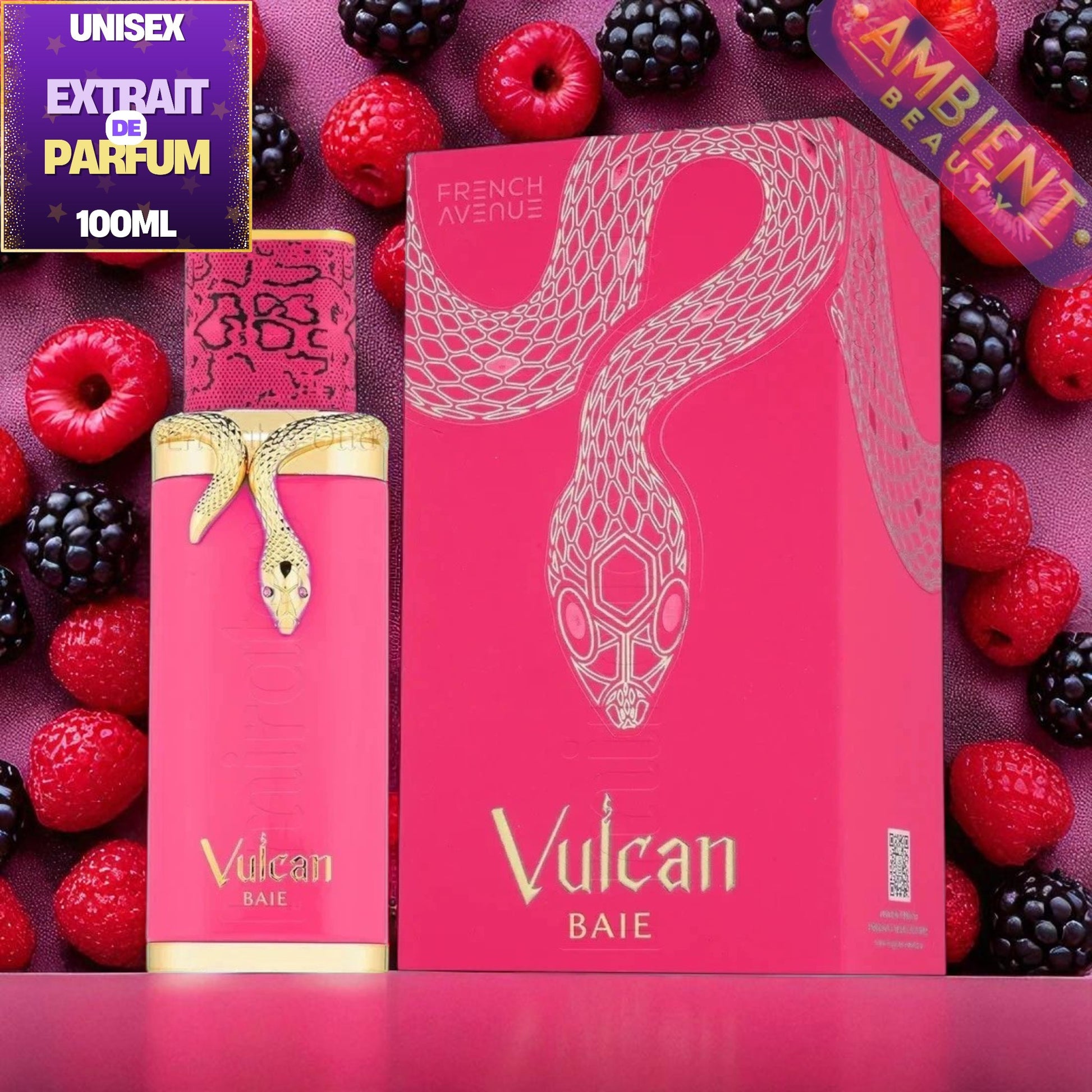 French Avenue Vulcan Baie perfume bottle and packaging with berries on a pink background